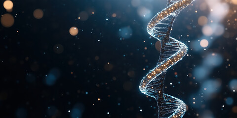 Obraz premium DNA molecule structure with glowing particles on blue background. Medical science research