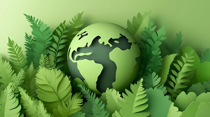 Creative concept Earth Day banner template. Nature, trees and green leaves in paper cut out style. 3d render illustration style illustration.
