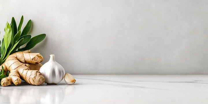 Fresh ginger root with garlic and green leaves on white background. Food ingredients advertising