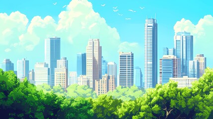 Pixelated Cityscape with Lush Greenery - A vibrant pixel art cityscape with tall buildings, green trees, and a bright blue sky
