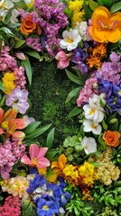 Fototapeta premium Delicate blooms in vivid shades of purple, orange, yellow, and pink converge around a verdant center, celebrating the beauty of spring's floral splendor in a lush, artistic composition