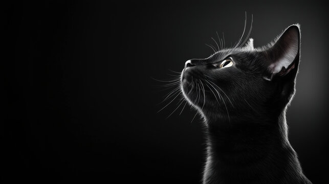 Black cat profile in dark background. Pet and artistic portrait content