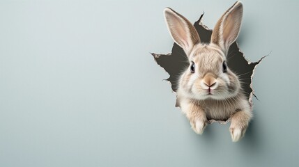 Obraz premium aster bunny poster peeking out of a hole in the wall with copy space, rabbit jumps out of a torn hole