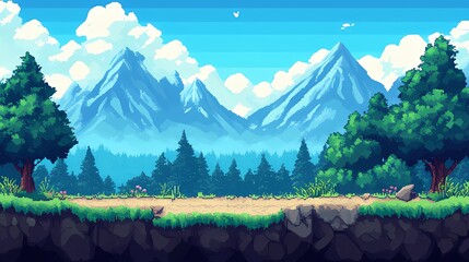 Video game background landscape with mountains and forests in 16 bit pixels. Retro video arcade game nature location with pixel art mountain hills