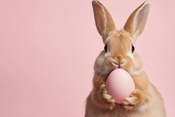 Bunny holding pink easter egg on pink background. Holiday and spring content
