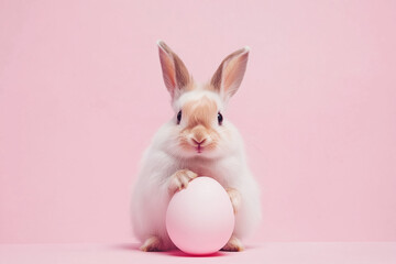 Obraz premium White rabbit with pink easter egg on pink background. Holiday and spring content
