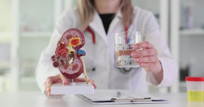 Woman doctor shows glass of water and kidney model in hospital. Female medic in uniform explains water balance and disease to patient at appointment