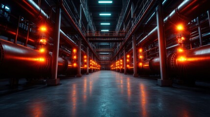 Fototapeta premium A captivating view of an industrial factory illuminated by bright orange lights, showcasing the complexity of machinery and pipes in a modern manufacturing environment.