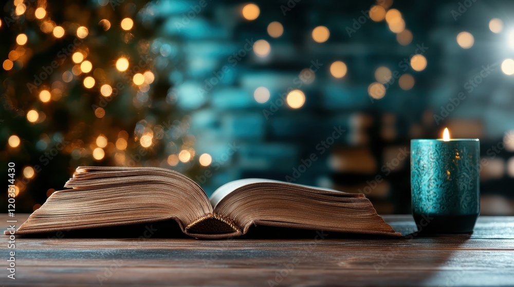 Poster this image captures an open book on a rustic wood table next to a glowing candle, set against a back