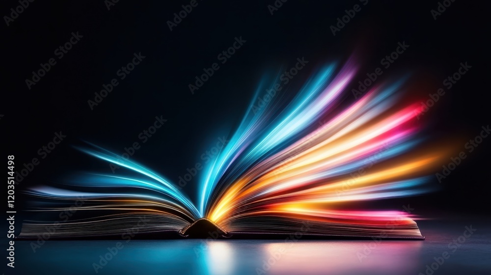 Poster an open book is depicted with vibrant light trails emanating from its pages, illustrating the concep