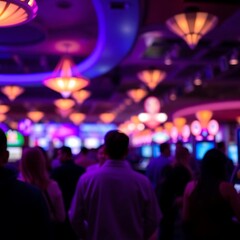 Blurred casino crowd at night.