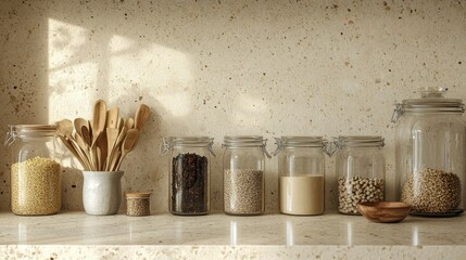 Glass Jars of Grains and Wooden Spoons on a Shelf