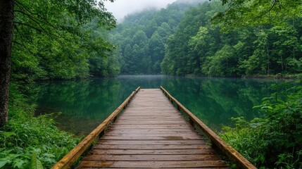 Serene mountain lake dock, misty forest backdrop, peaceful nature scene, ideal for travel brochures