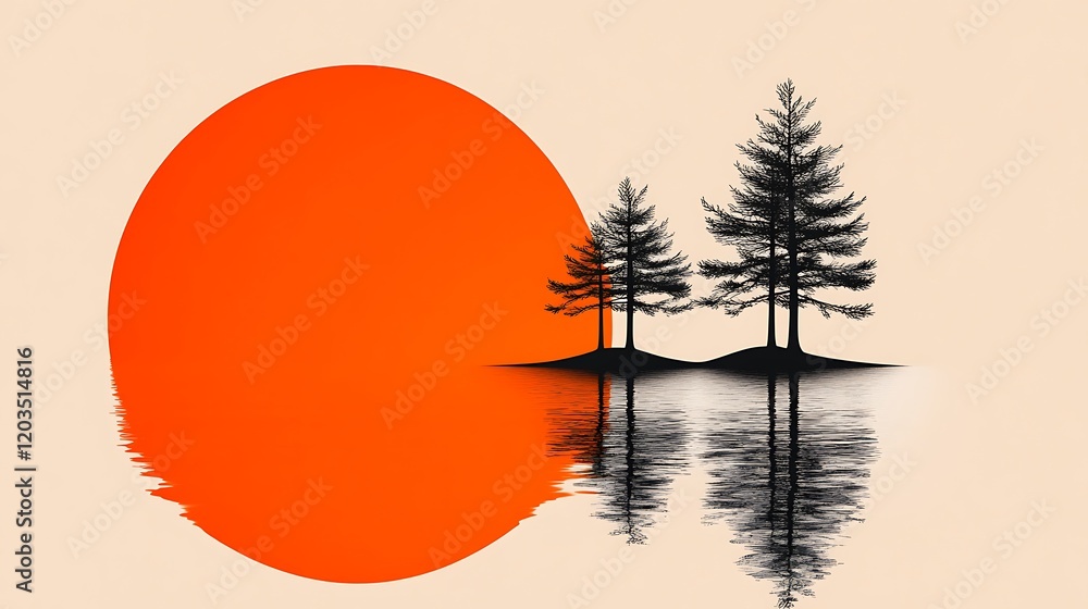 Poster clean vector style sunset with trees and reflection on water