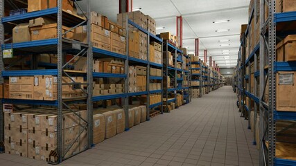 Industrial Warehouse Filled With Storage Boxes Labeled For Shipment, Distribution Center Storing Cargo For Import Export Industry