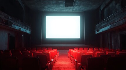 Fototapeta premium People in the cinema auditorium with Cinema blank wide screen and red chairs in the cinema hall,People silhouettes watching movie performance,empty white screen,space for text,copy space.
