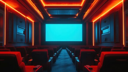 People in the cinema auditorium with Cinema blank wide screen and red chairs in the cinema hall,People silhouettes watching movie performance,empty white screen,space for text,copy space.