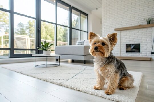 Adorable Yorkshire Terrier Puppy Posing in a Chic Modern Home Interior