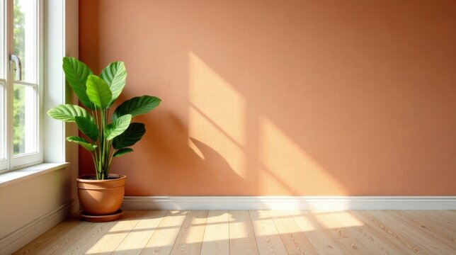 Peaceful Corner Sunlight Illuminates a Plant in a Terracotta Pot Against a Peach Wall and Light Wood Floor