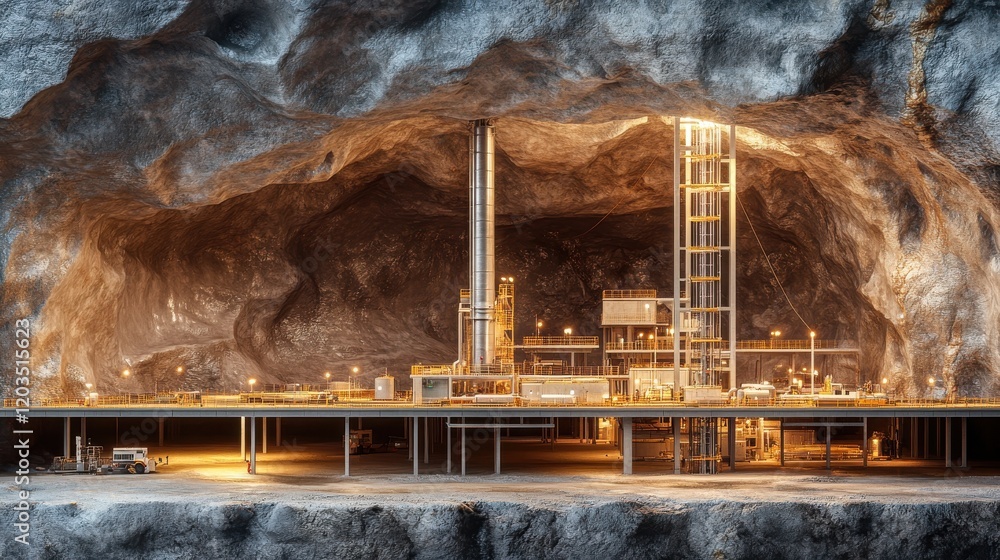 Poster detailed underground storage site with visible geologic formations as the backdrop, highlighting sub