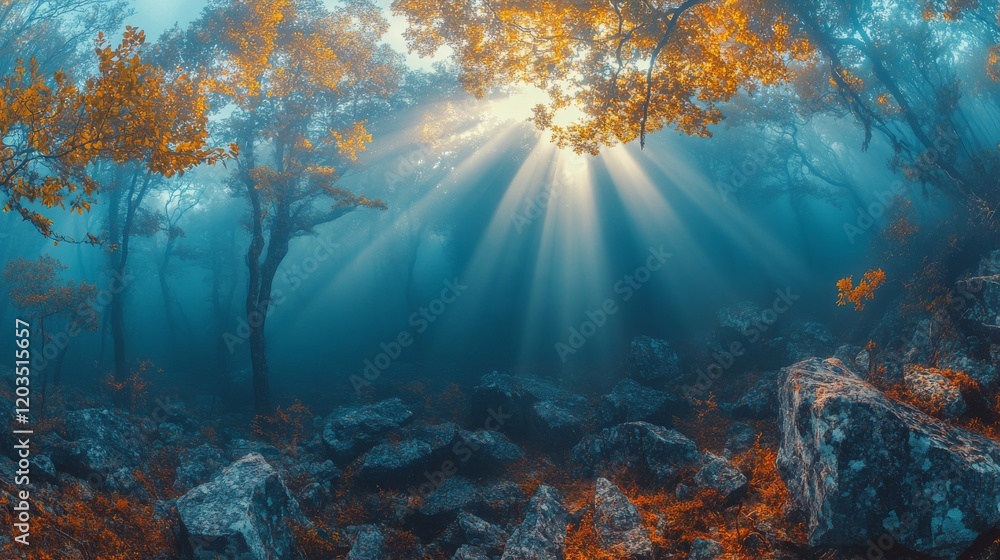 Poster enchanting forest scene with sun rays piercing through mist and autumnal foliage creating magical la