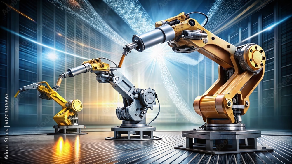 Poster advanced robotic arms with precision tools - double exposure stock photo