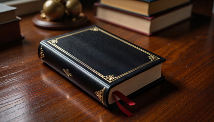 Elegant leather-bound journal on mahogany desk, timeless reflection