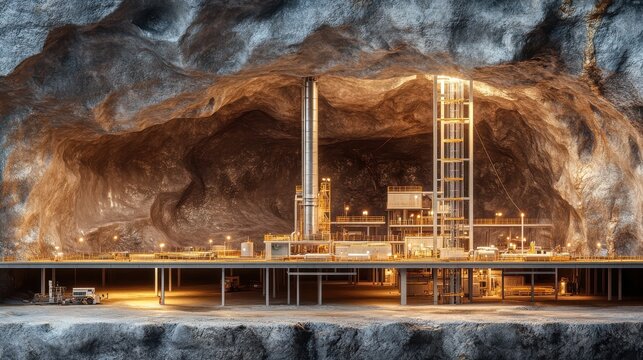 Detailed underground storage site with visible geologic formations as the backdrop, highlighting subsurface engineering techniques : Carbon Capture Technology