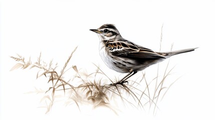 Fototapeta premium Detailed drawing of a small brown bird perched among sketched grasses on a white background