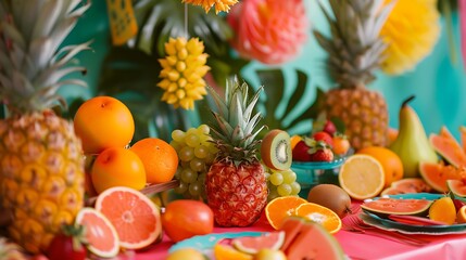 A lively tropical fruit party with bright colors and fruit-themed decorations.
