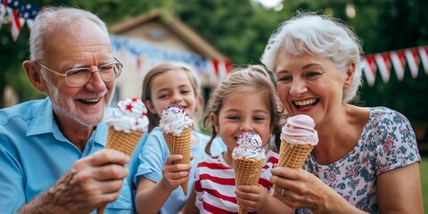 Grandparents and grandchildren enjoying ice cream outdoors during a summer holiday, festive decorations in the background, Independence Day celebration, cheerful family moment, selective focus

