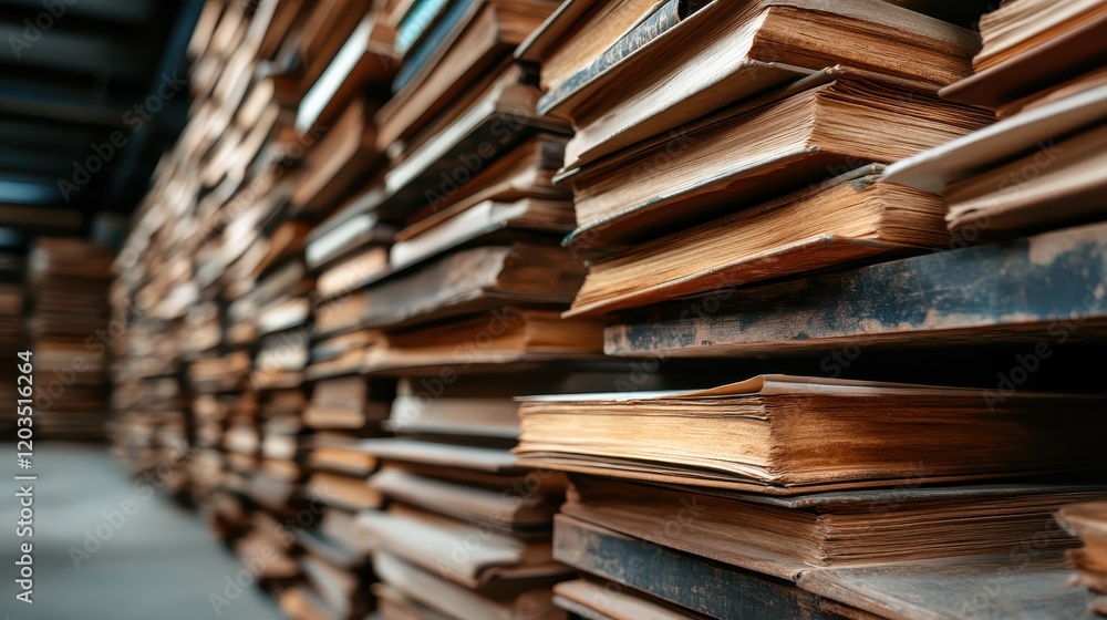 Poster the image presents a close-up view of tightly stacked vintage books in a library, emphasizing their 
