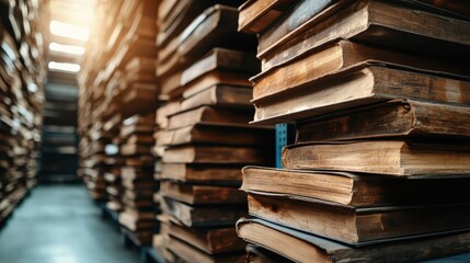 This image showcases an extensive collection of vintage books stacked neatly within a vast library, highlighting the beauty of aged literature and knowledge.