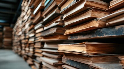 Obraz premium The image presents a close-up view of tightly stacked vintage books in a library, emphasizing their rich texture and the warmth of the aged pages.