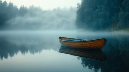 Fototapeta premium A serene wooden rowboat rests on the tranquil waters of a foggy lake, surrounded by a mysterious misty forest with reflections