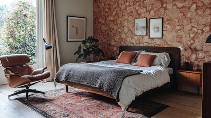 25. A bedroom with a 1970s-inspired wallpaper design paired with modern minimalist furniture