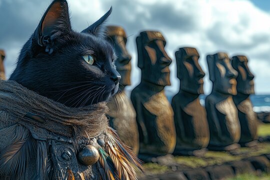 Chile Easter Island Chilean cat wearing a feathered cloak, standing in front of the mysterious Moai statues on Easter Island, with the ocean and volcanic cliffs in the background