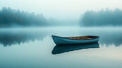 Fototapeta premium A Tranquil Morning: Solitary Boat on Misty Lake Reflecting Calmness and Serenity with Foggy Forest Background