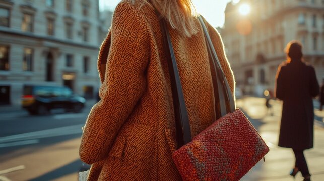 37. A woman walking in a city wearing a 1960s-inspired coat and carrying a contemporary tote bag