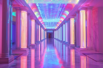 A vibrant hallway with a kaleidoscopic ceiling and glowing, translucent columns.