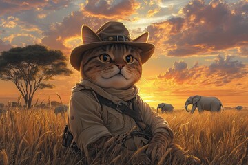 South Africa Safari cat wearing a safari hat and khaki clothing, sitting in a grassy savanna with acacia trees and a distant view of elephants and lions under a vibrant sunset
