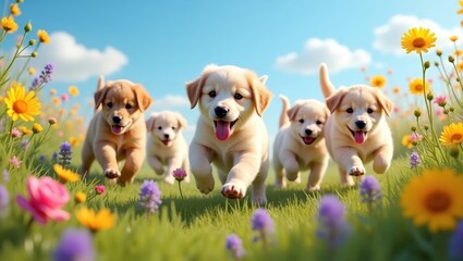 Puppies running through a flowery meadow