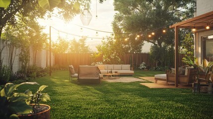 44. A sunny backyard with a vintage patio set and modern string lights hanging above