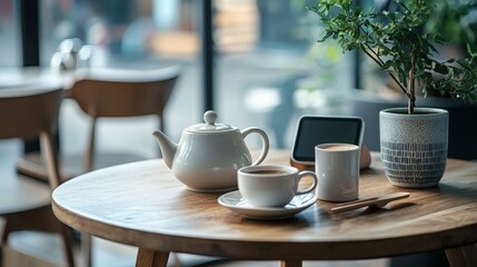 46. A cafe table featuring a vintage teapot, contemporary coffee mugs, and modern tech accessories