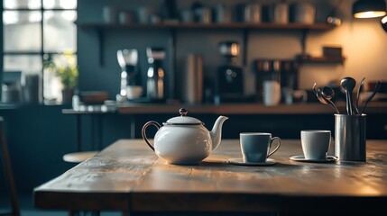 46. A cafe table featuring a vintage teapot, contemporary coffee mugs, and modern tech accessories