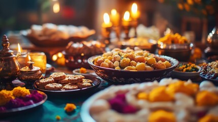 Fototapeta premium Festive dinner table filled with traditional Indian dishes,Indian traditional sweets set,Mix indian milk made sweets of indian and pakistani festivals.