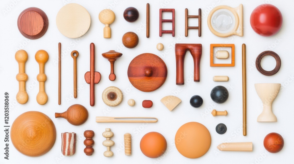 Poster a vibrant arrangement of various wooden shapes and objects showcasing color and form diversity