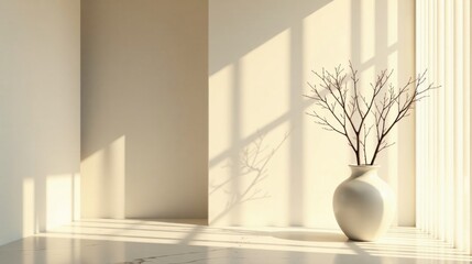 Serene Minimalist Interior with Sunlight Illuminating a Simple Branch Arrangement in a Cream Vase