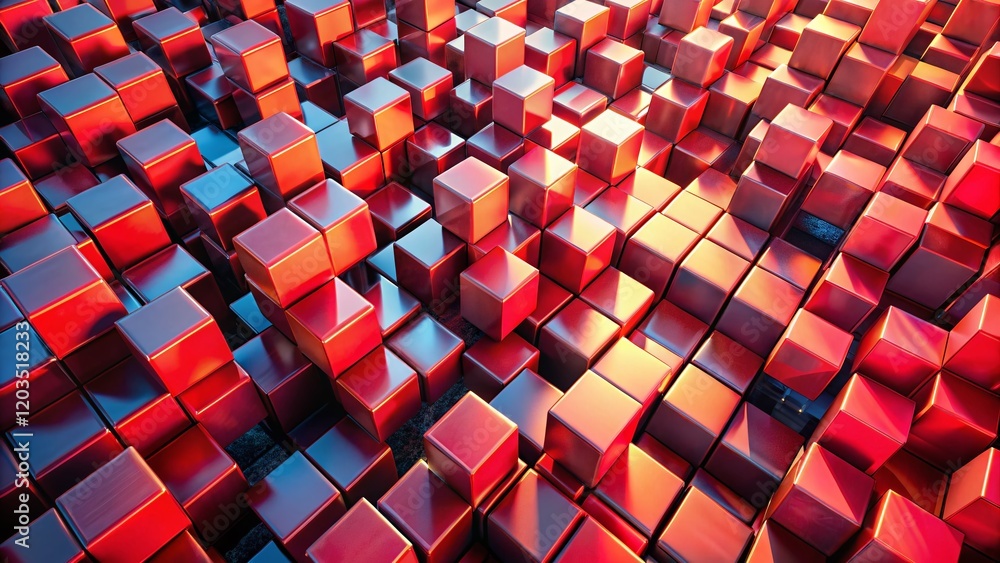 Poster aerial drone shot: red cubes rotating in dynamic perspective