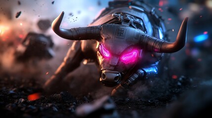Fototapeta premium Cybernetic bull with glowing pink eyes amidst a smoky and debris filled scene